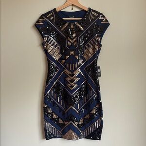 NEW Express Navy Blue Bodycon Mini Dress with Black and Gold Sequin Detail Small